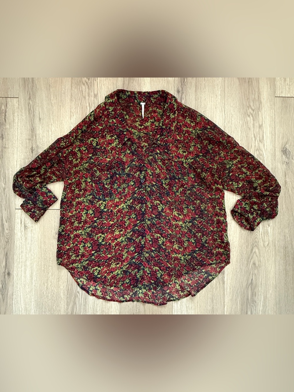 Free People Sheer Blouse Long Sleeve Dark Floral Size Medium Button Up
